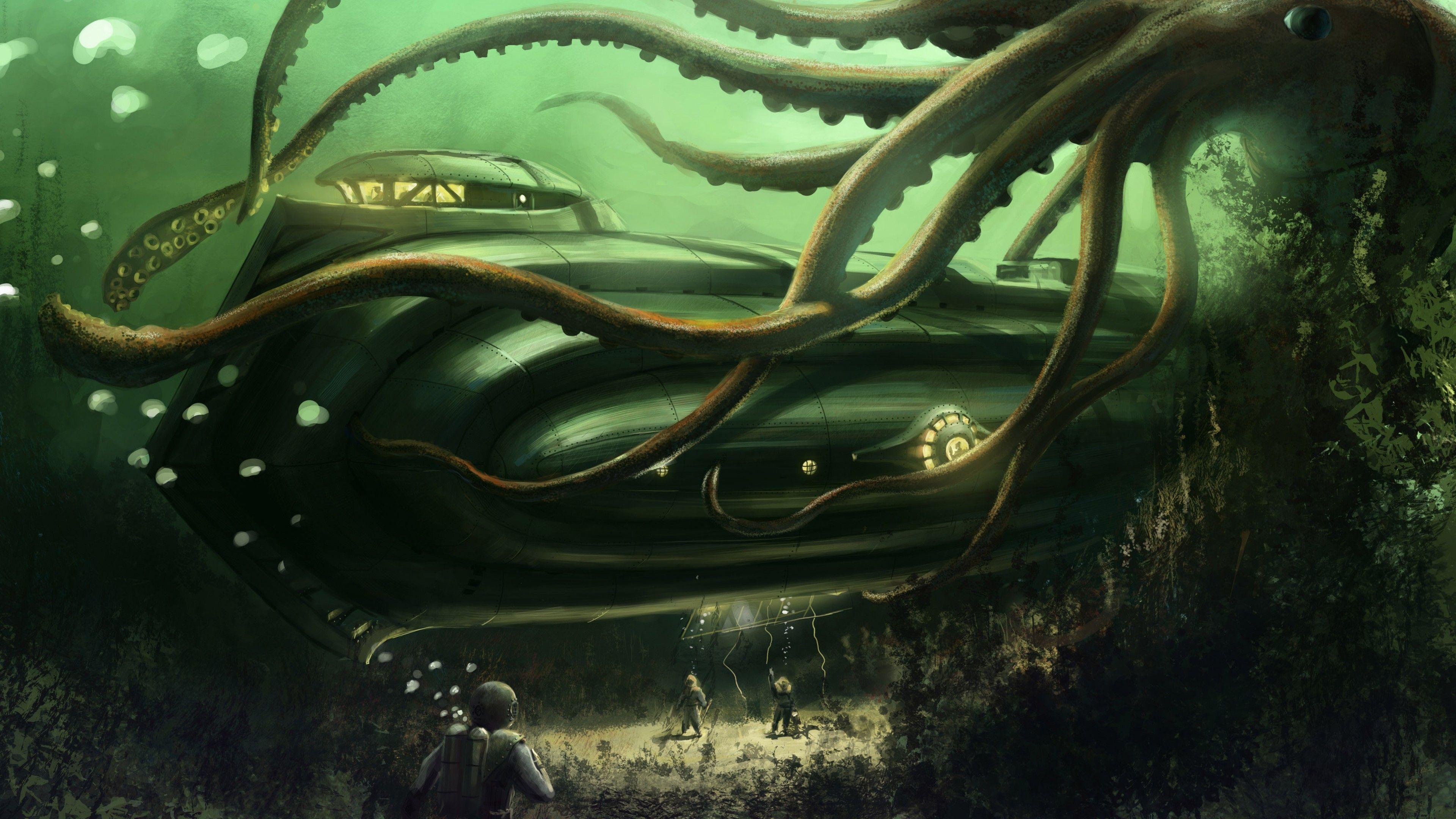 3840x2160 Wallpaper Octopus, Nautilus, Jules Verne, bottom, ocean