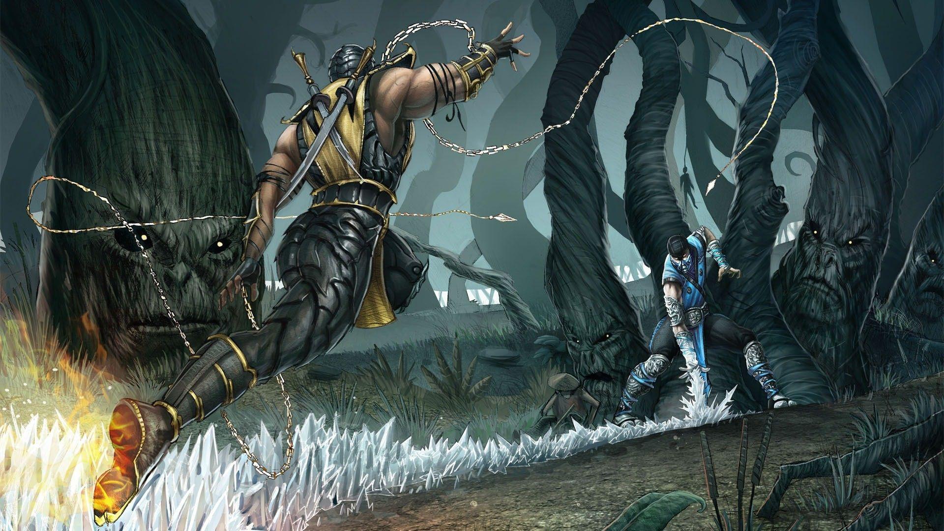 1920x1080 ice, landscapes, trees, forest, fight, Mortal Kombat, digital art