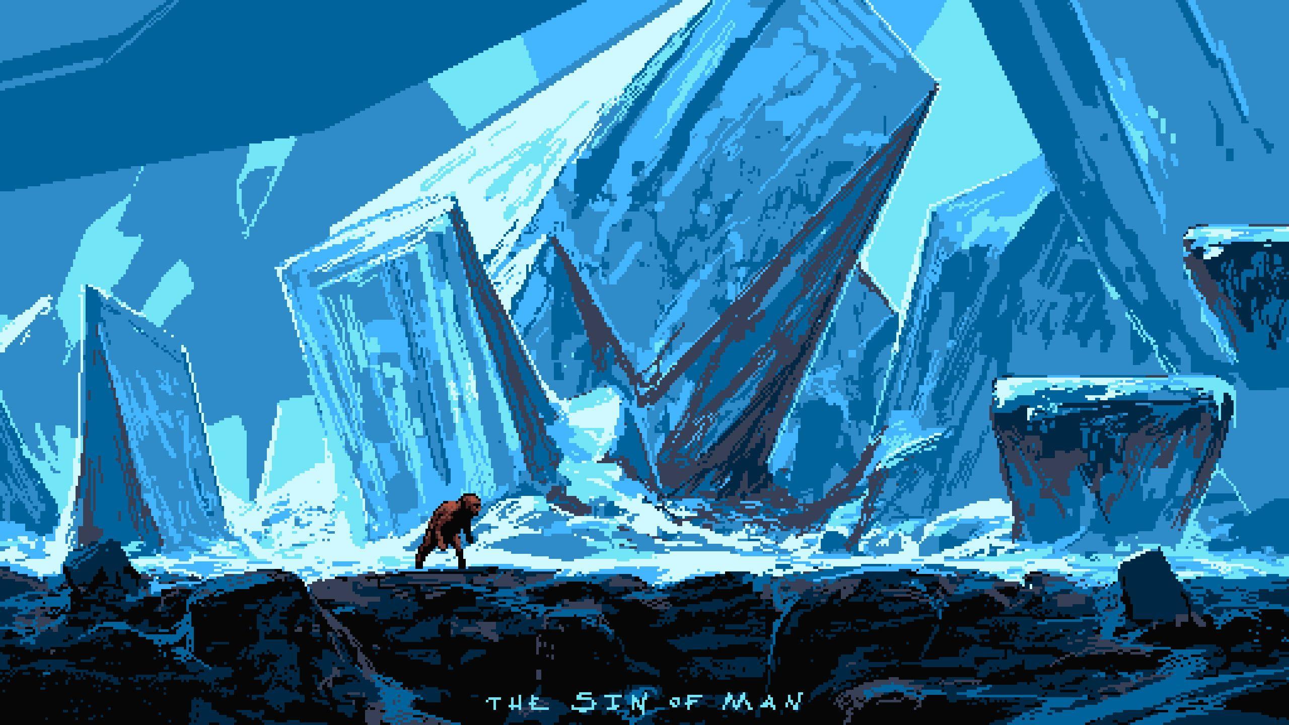 2560x1440 Person and rock formation painting, digital art, pixel art