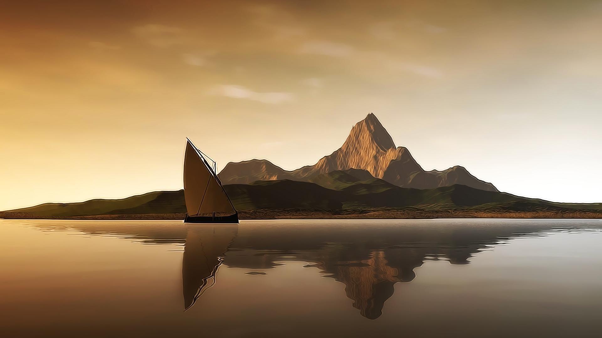 1920x1080 Beautiful Mountain Reflection And Ship Desktop Background