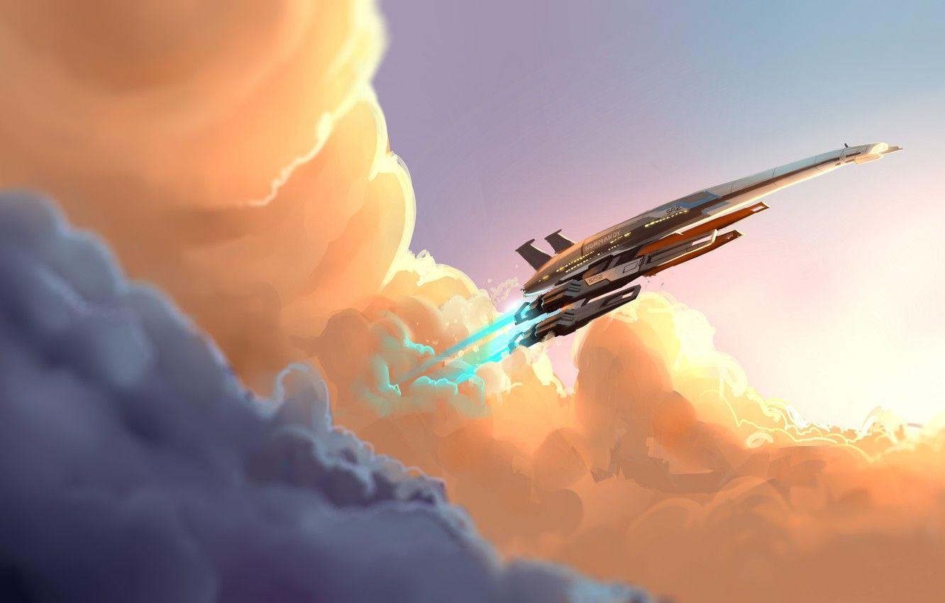 1332x850 Wallpaper clouds, fiction, mass effect, art, normandy image