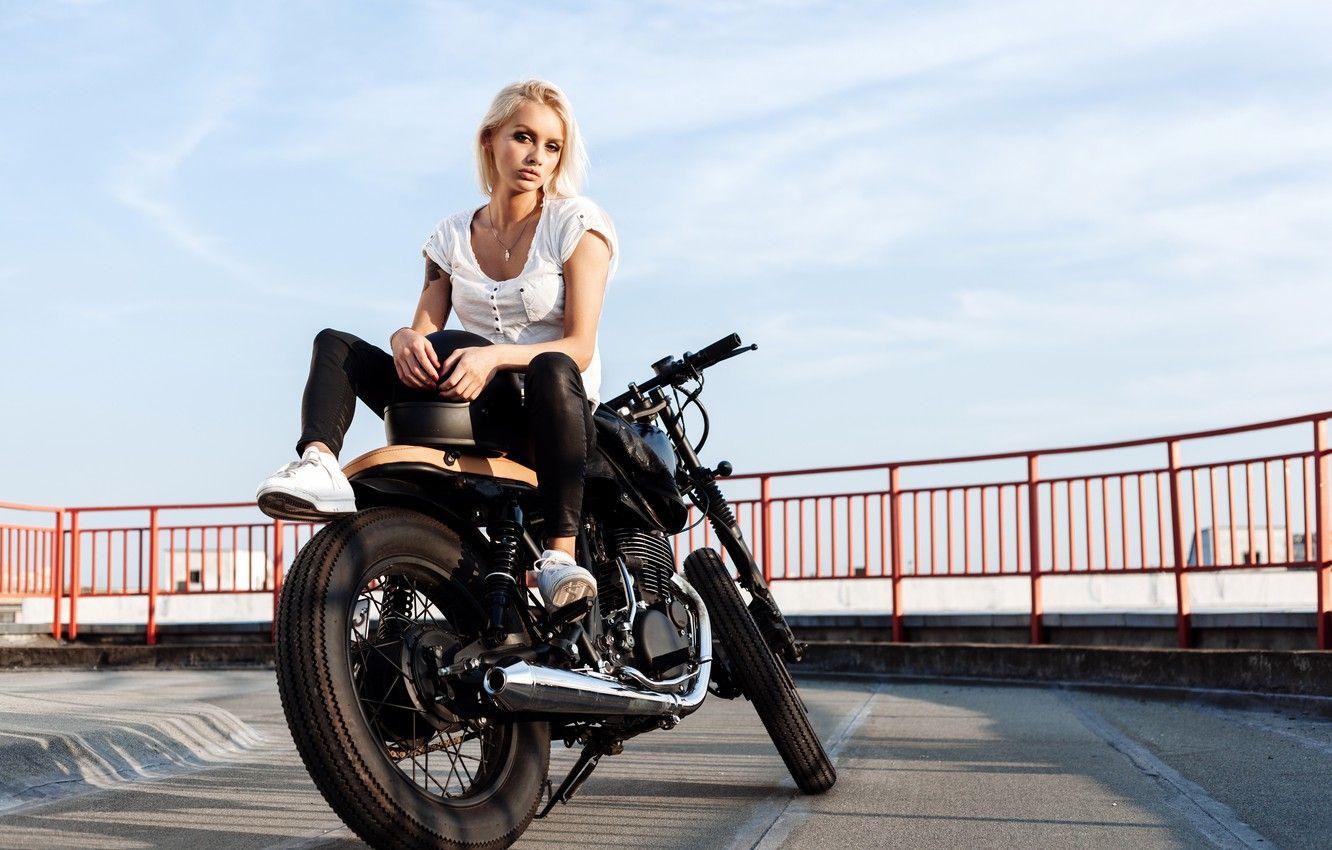 1332x850 Wallpaper girl, blonde, motorcycle, helmet, biker, bike