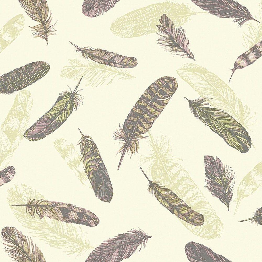 1000x1000 Arthouse Vintage Plume Feather Wallpaper Pink, Green 252802