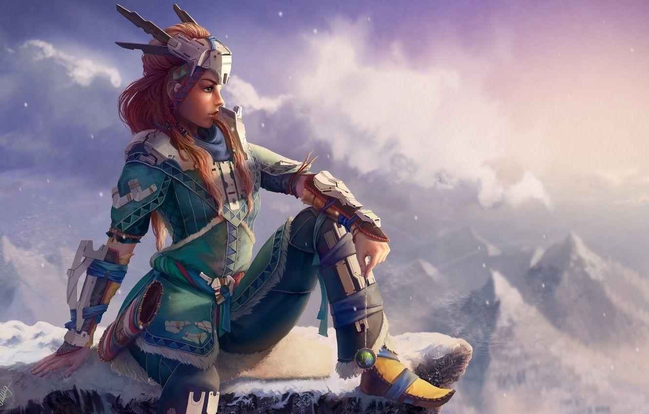 1332x850 Wallpaper look, girl, mountains, rocks, red, art, Horizon