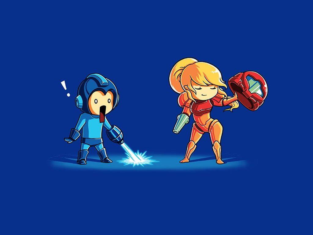 1024x768 Rockman illustration, video games, Mega Man, humor, Samus