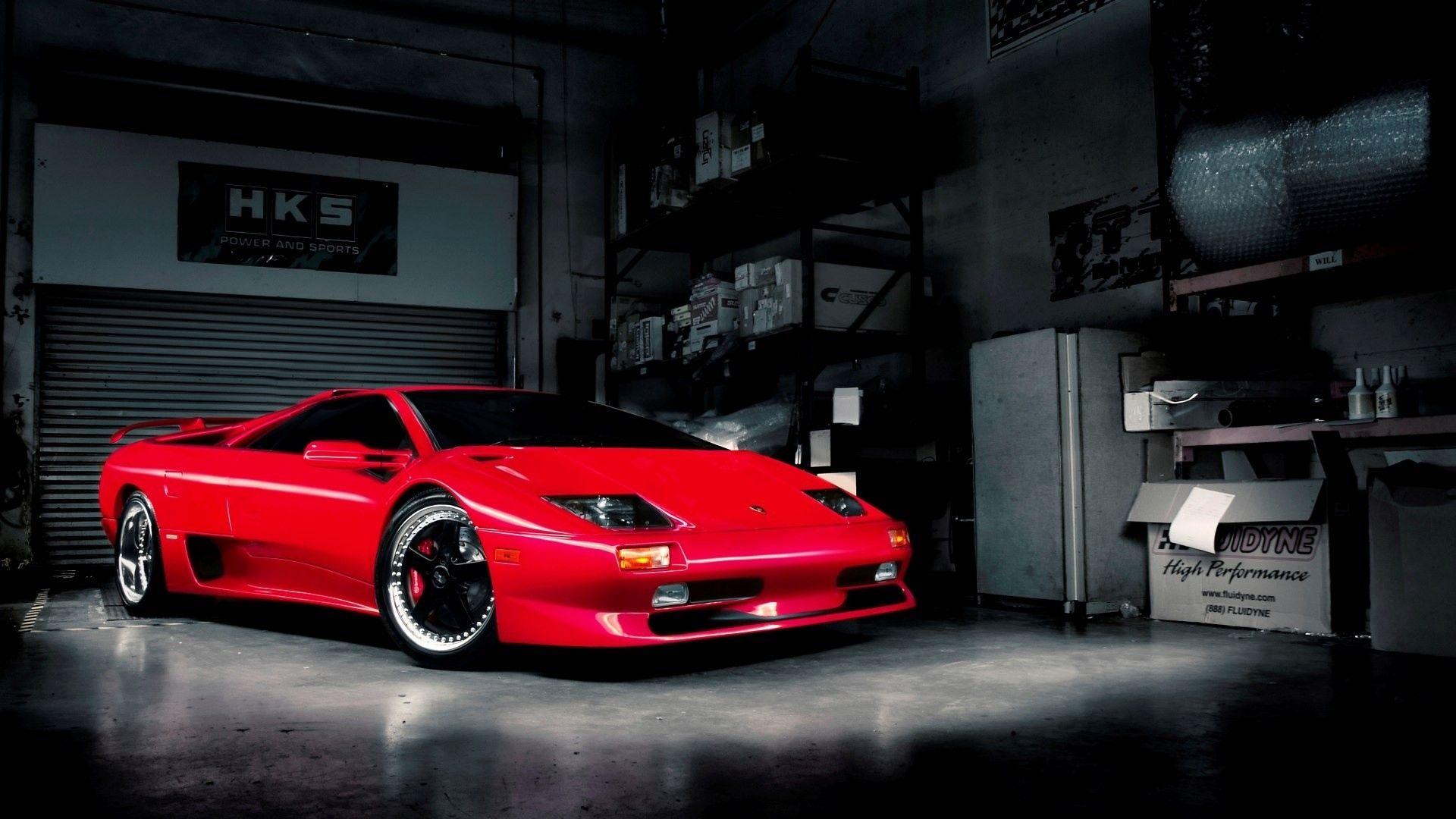 1920x1080 Red Lamborghini Car in Garage Wallpaper
