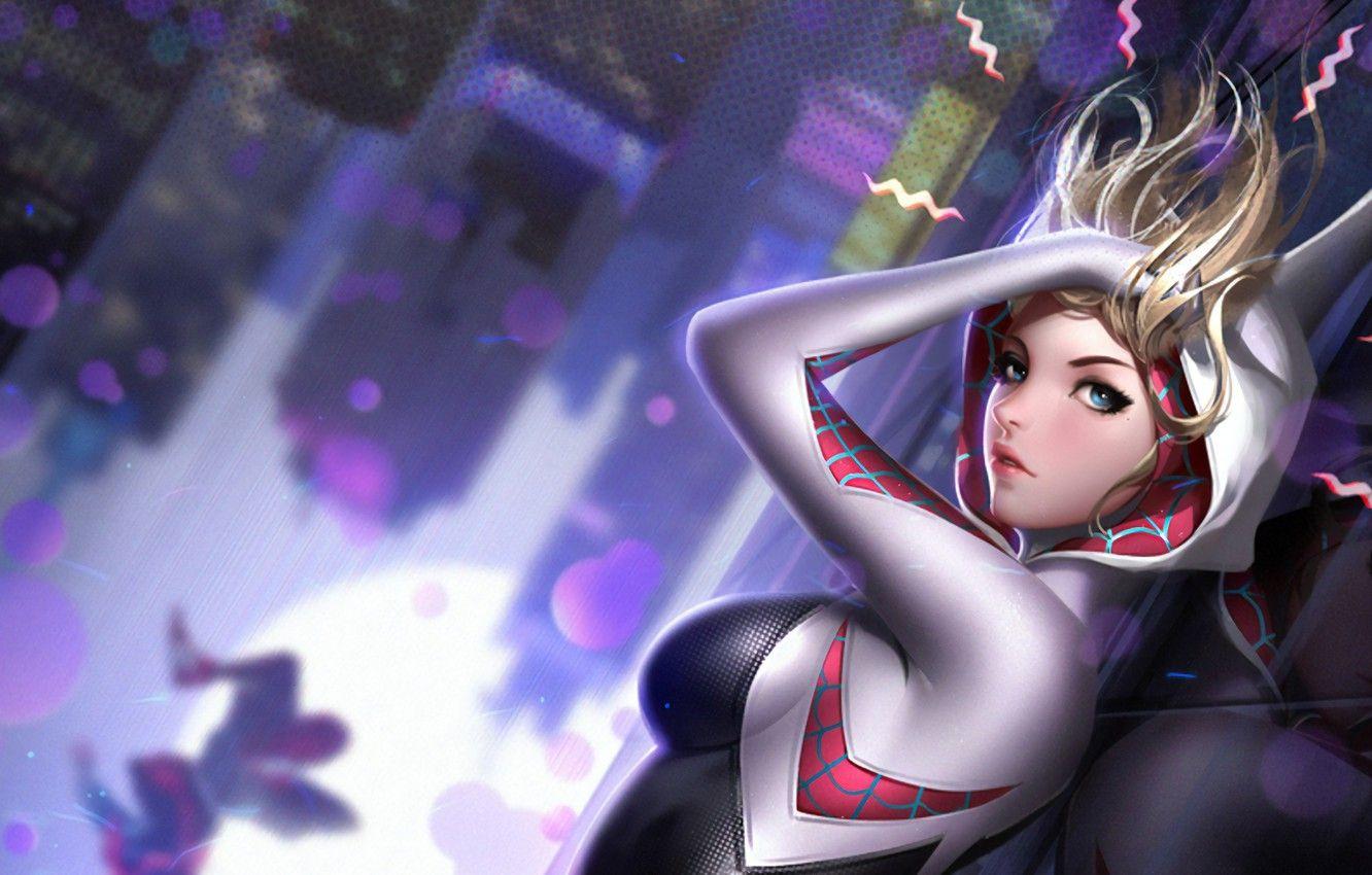 1332x850 Wallpaper Girl, Fantasy, Gwen, Blue Eyes, Marvel, Comics, Blonde, Digital Art, Artwork, Superhero, Costume, Fantasy Art, Gwen Stacy, Spider Gwen, Spider Man: Into The Spider Verse, Superheroine Image For Desktop, Section фантастика