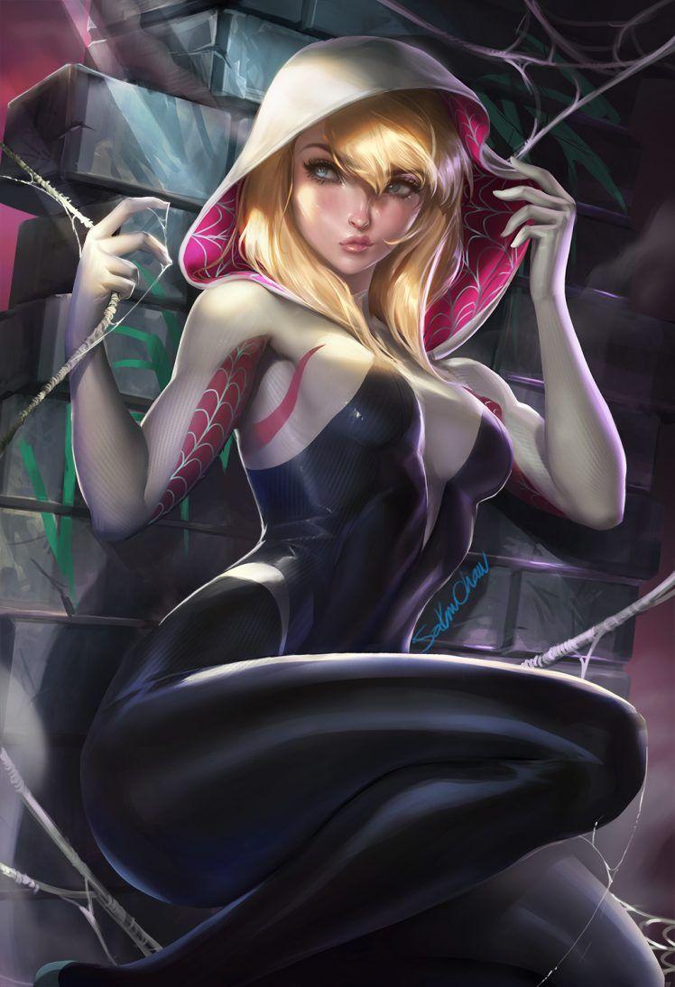 748x1094 Gwen Stacy, Women, Sakimichan, Blonde, Looking away, Blue eyes, Long hair, Marvel Comics, Digital art, Artwork, Tight clothing, Spider Gwen, Spider Man Wallpaper HD / Desktop and Mobile Background