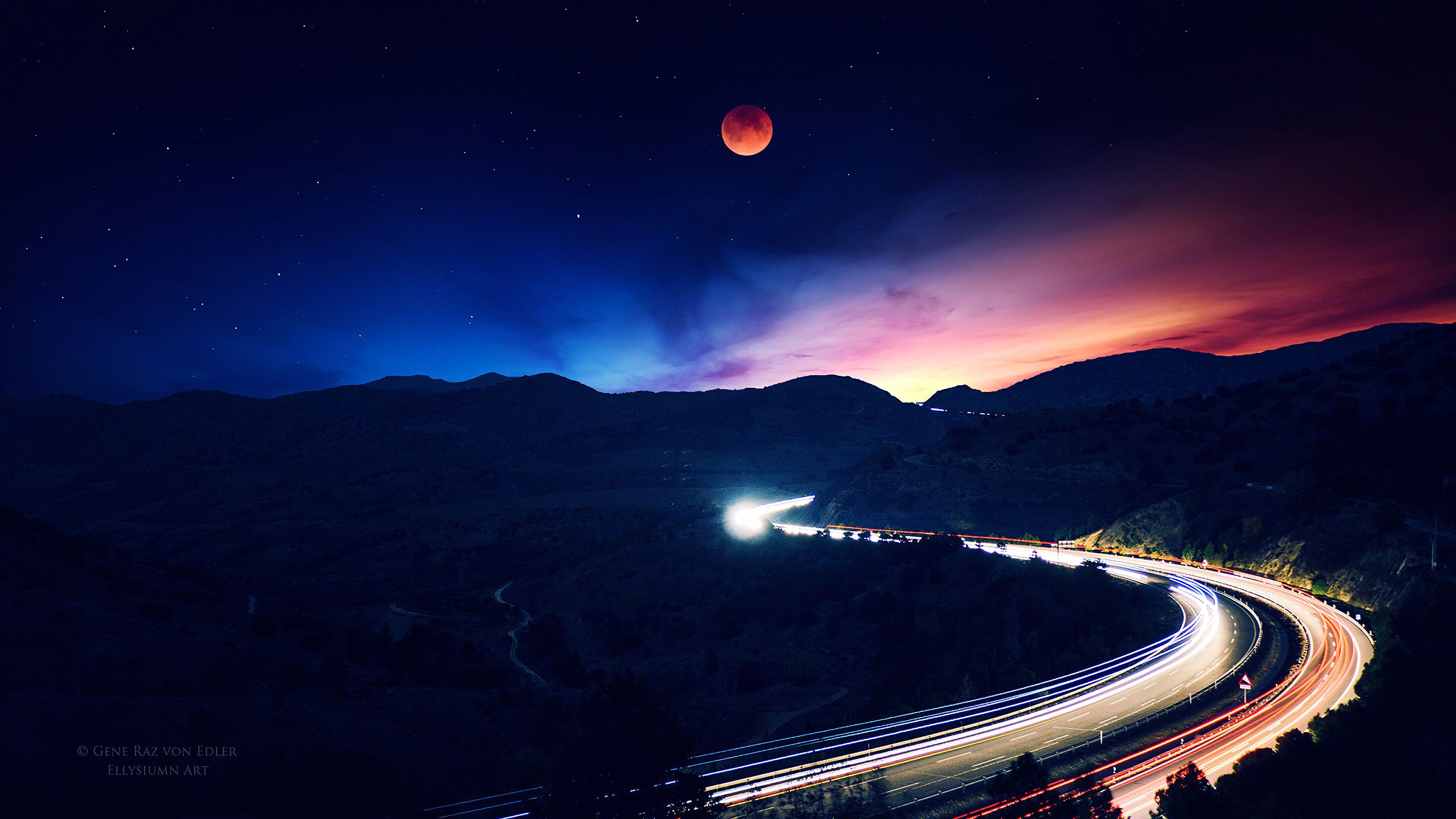 3840x2160 Night Sky Moon Road Time Lapse Landscape Scenery 4K Wallpaper HD