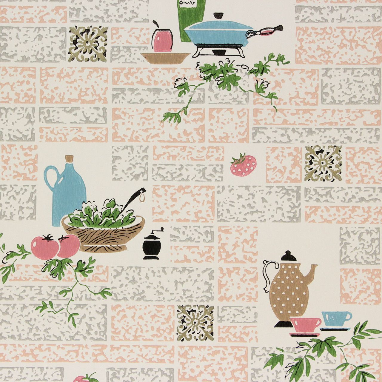 1280x1280 1960s Vintage Wallpaper Pink Blue Kitchen on Tile's Vintage Wallpaper