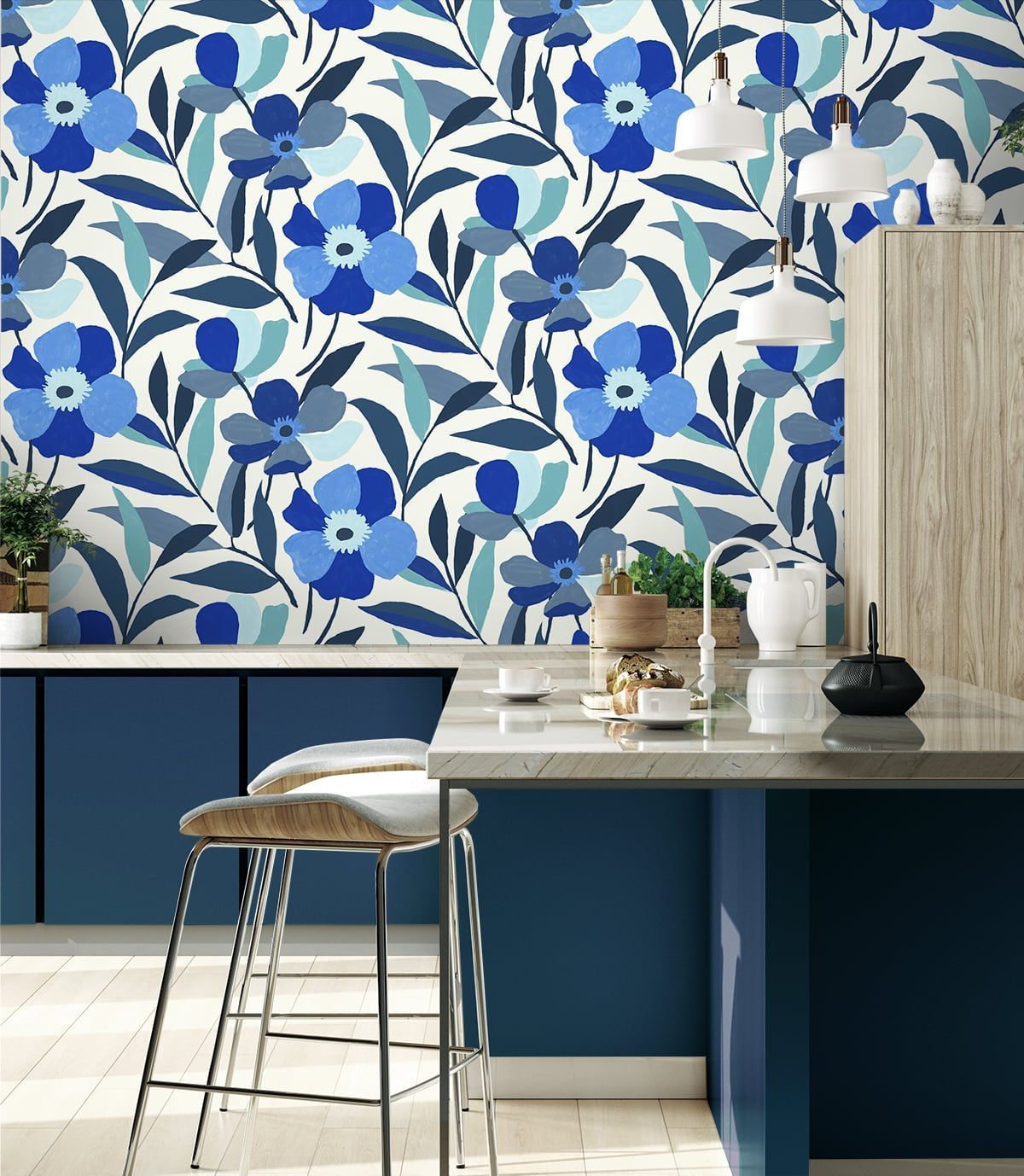 1200x1378 NextWall Cobalt Blue & Lagoon Garden Block Floral Peel and Stick Wallpaper