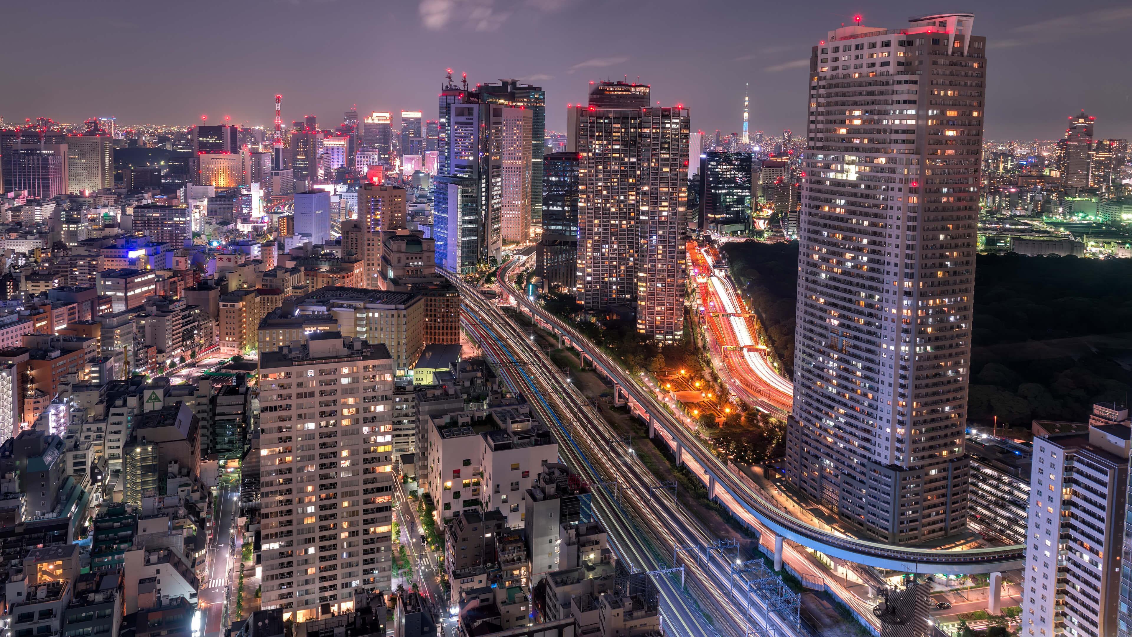 3840x2160 Shiodome Skyline at Night Minato, Tokyo, Nhật Bản Hình nền 4K