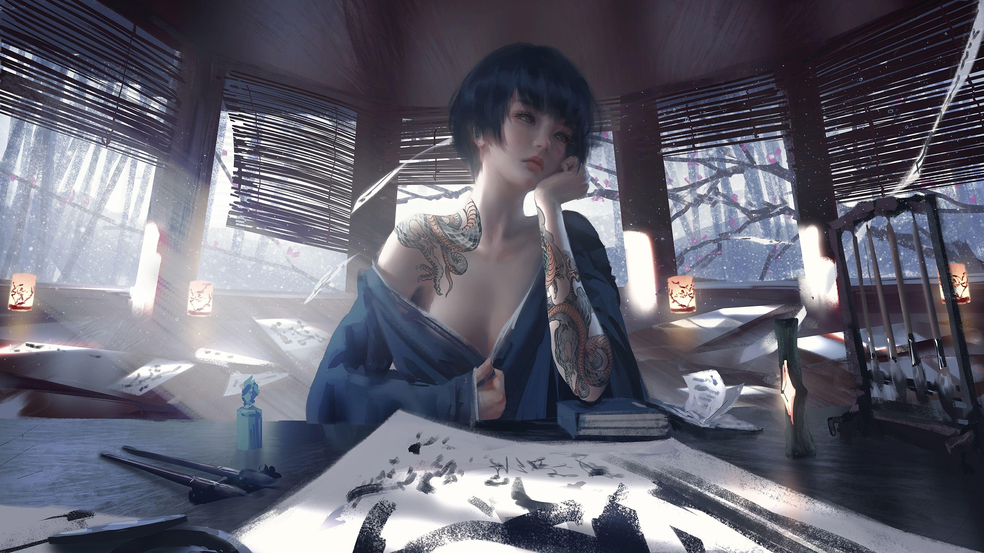 3840x2160 Desktop Wallpaper Tattoos Wlop Beautiful female Fantasy