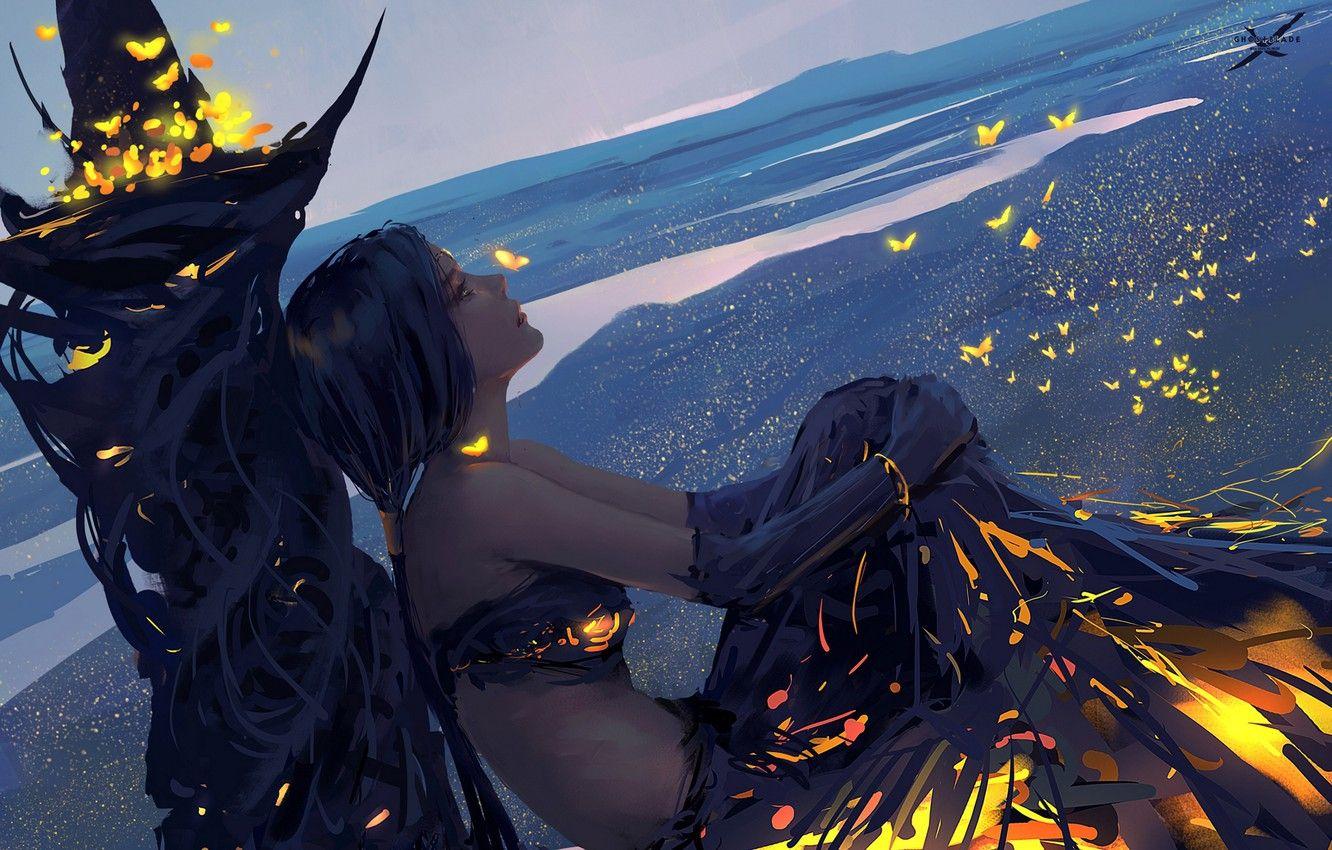 1332x850 Wallpaper girl, art, moths, Landing, Ghost blade, Wlop