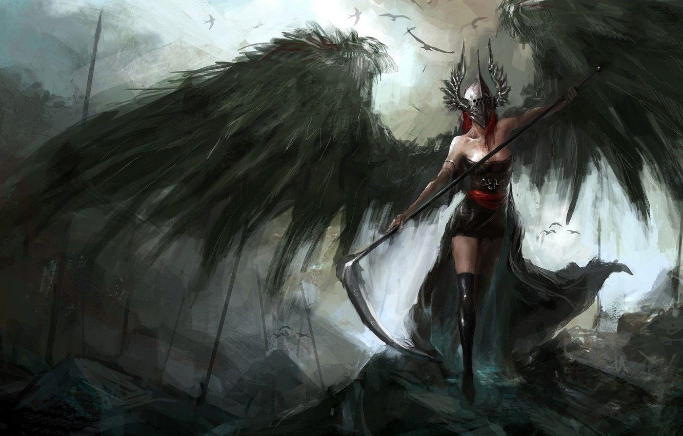 1332x850 Wallpaper dark, demon, fantasy, stockings, wings, birds, angel, artwork, mask, fantasy art, dark fantasy, pearls, sickle, Dark angel image for desktop, section фантастика