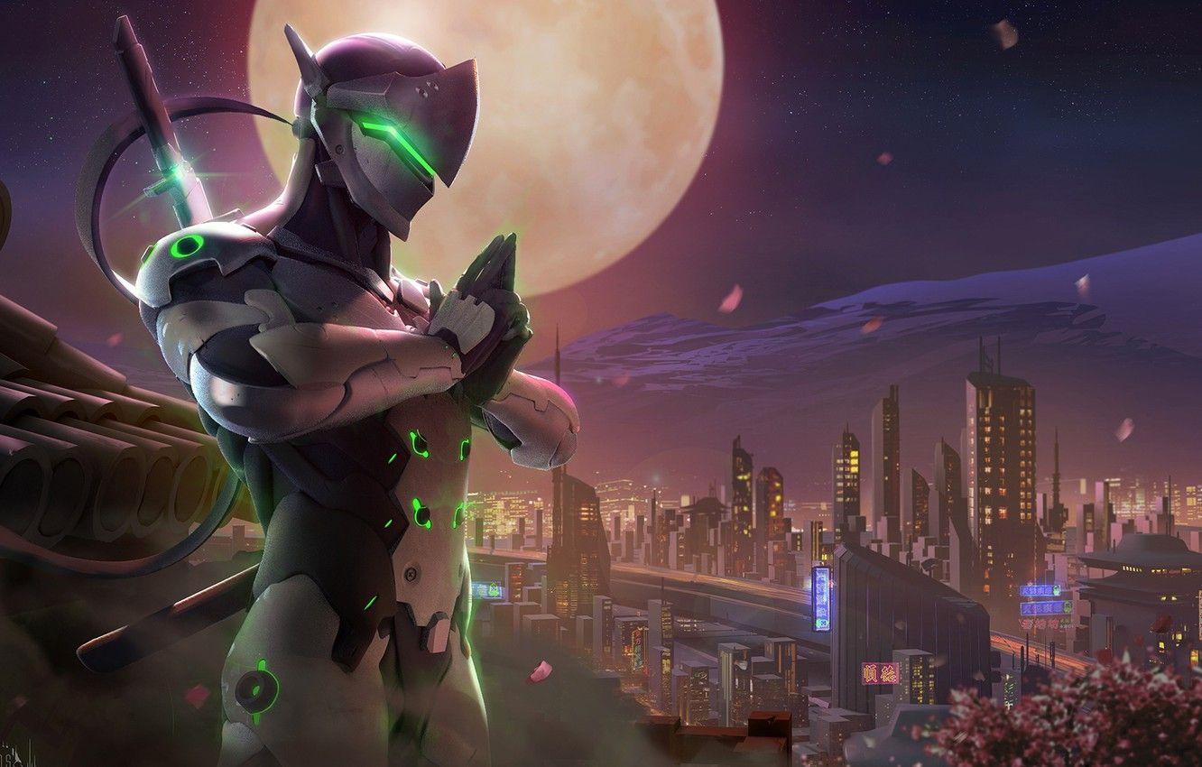 1332x850 Wallpaper night, the city, the moon, sword, warrior, art