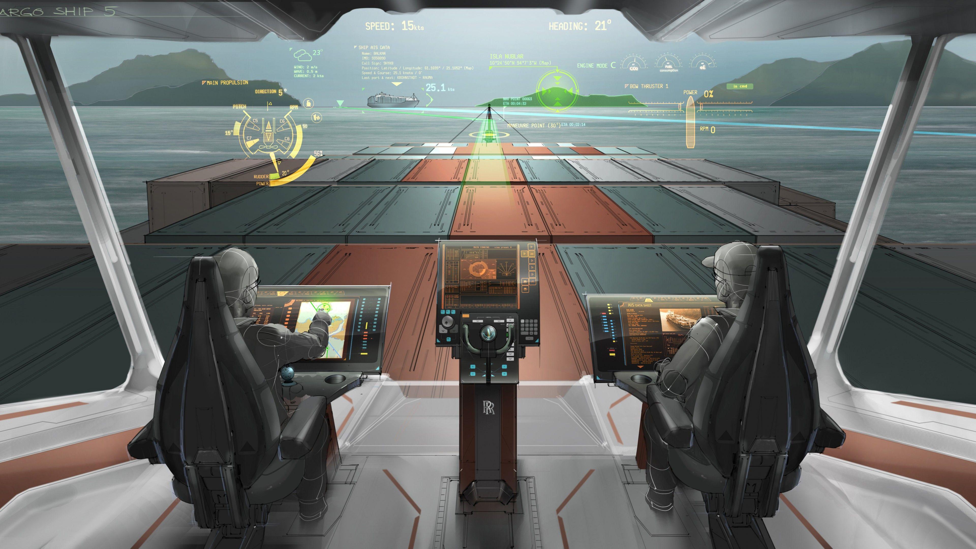 3840x2160 Wallpaper cargo ship envisioning, future, illustration, bridge, containers, Art