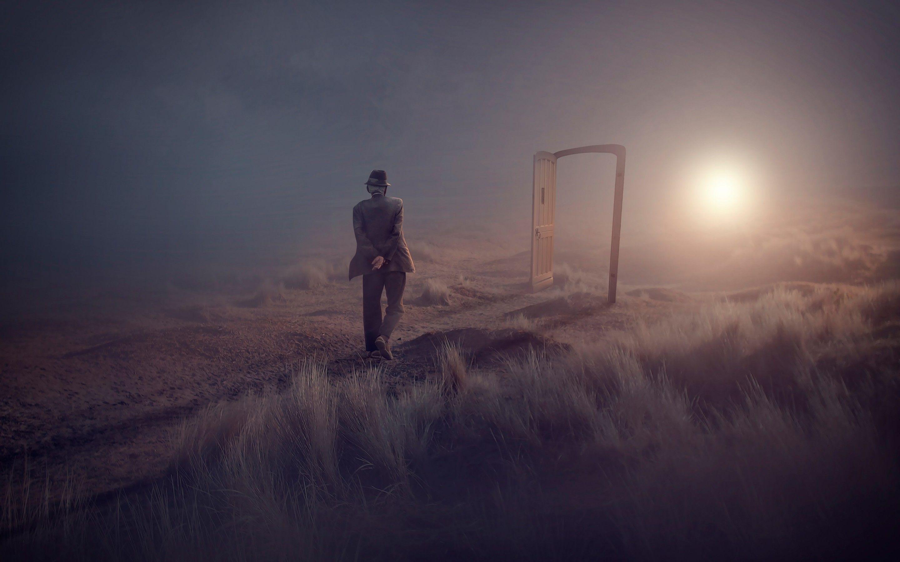 2880x1800 Download 2880x1800 Old Man, Walking, Gate, Sunlight, Field