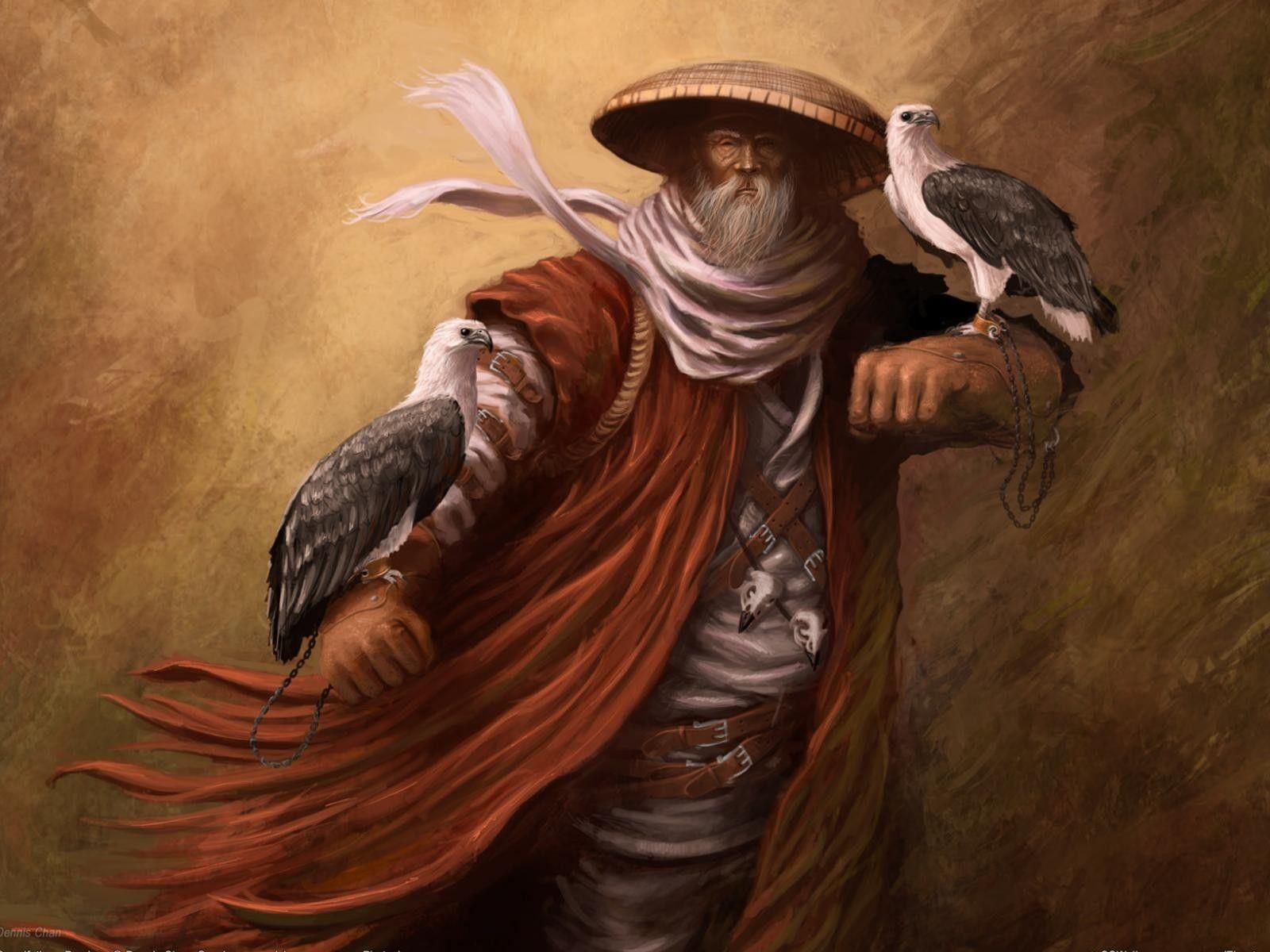 1600x1200 Birds eagles Asians beard artwork old people white beard