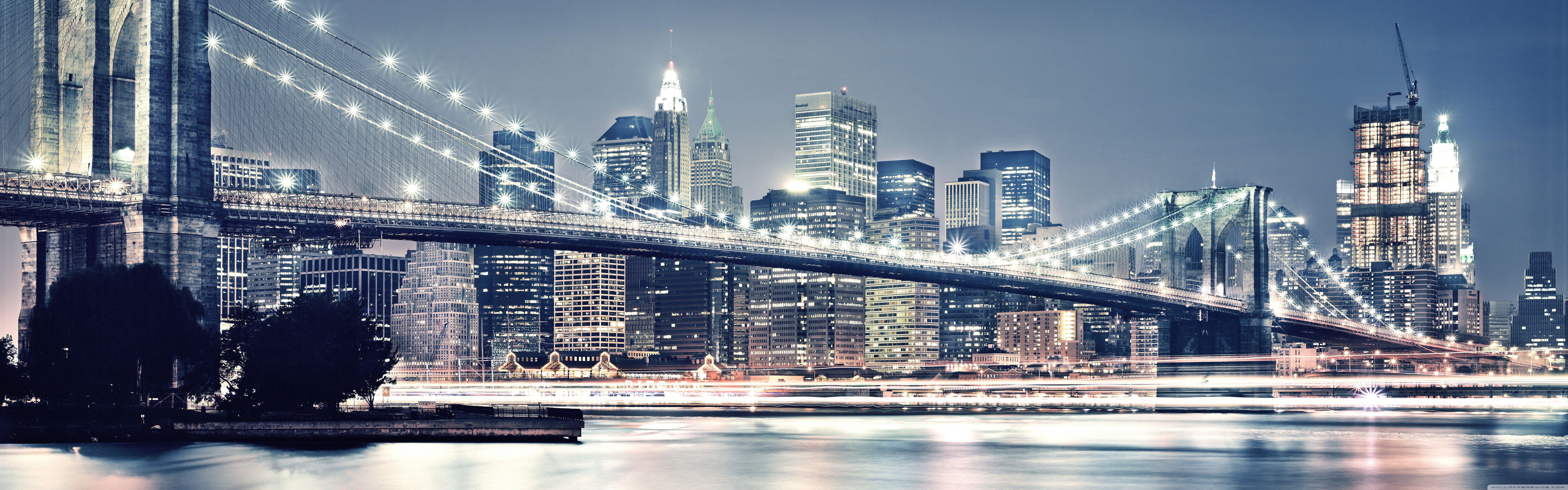 7680x2400 Brooklyn Bridge At Night UHD Desktop Wallpaper for 4K Ultra