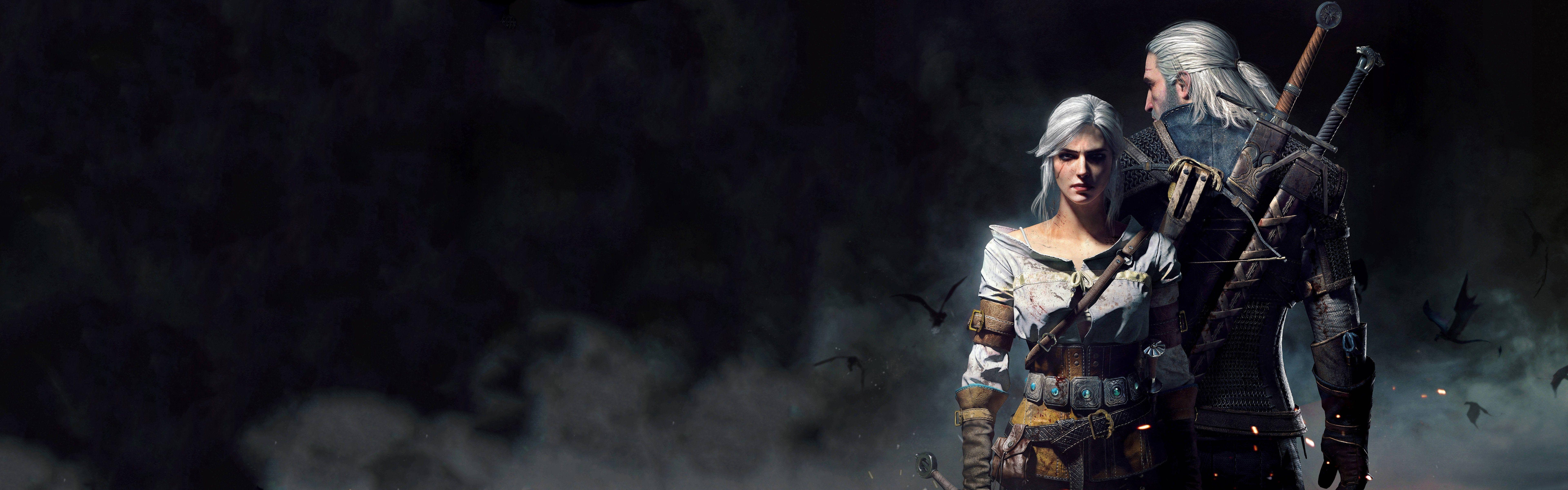7680x2400 The Witcher 3 Geralt and Ciri