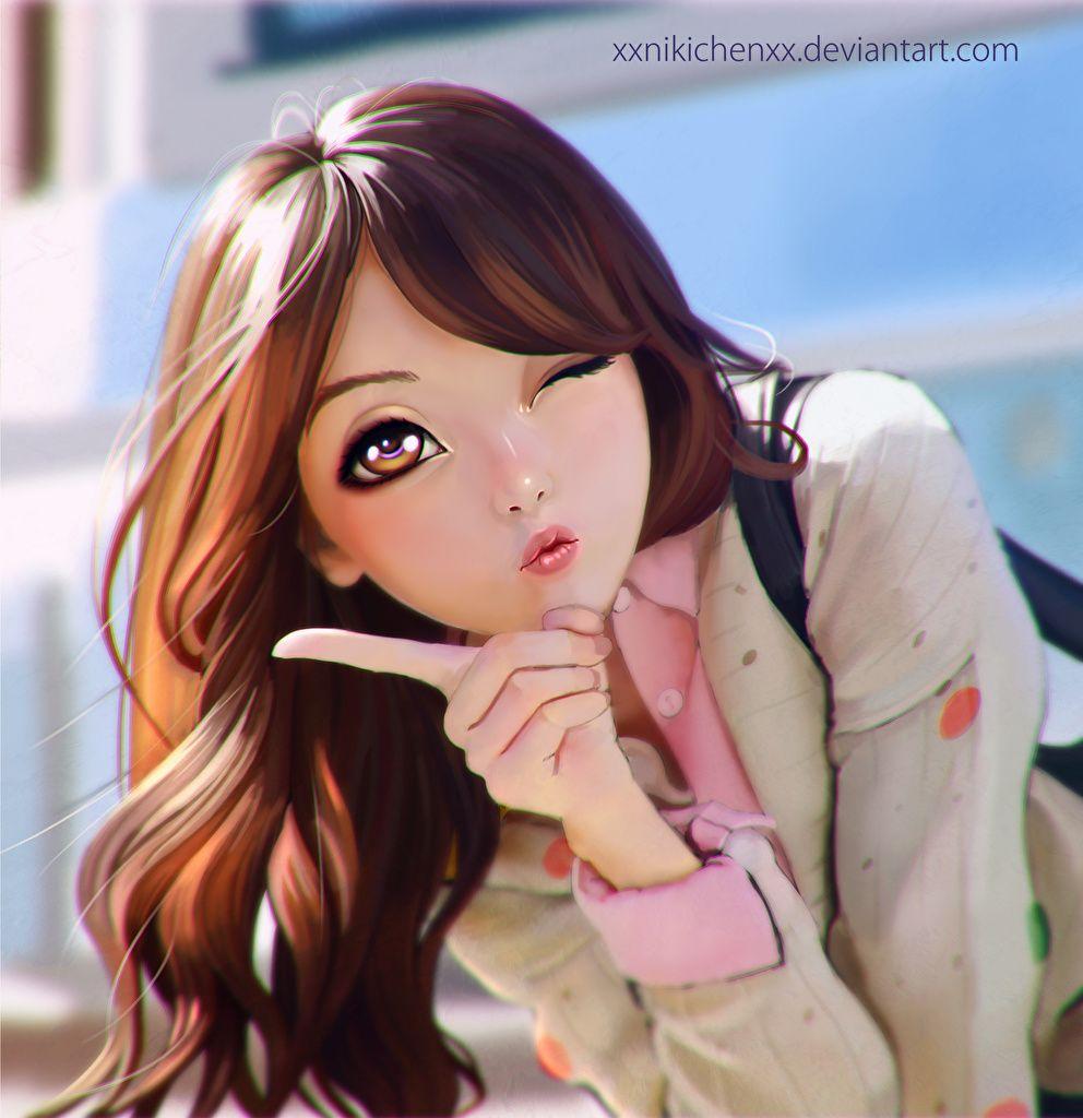992x1024 Wallpaper Brown haired Beautiful Hair Girls Painting Art