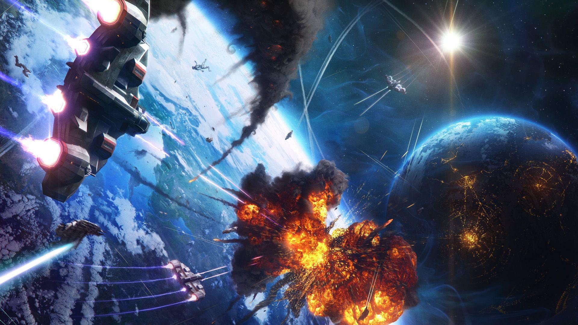 1920x1080 outer space, explosions, planets, astronauts, Space Battle