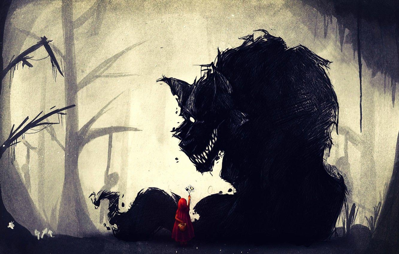 1332x850 Wallpaper forest, wolf, mouth, corpses, toadstool, Little