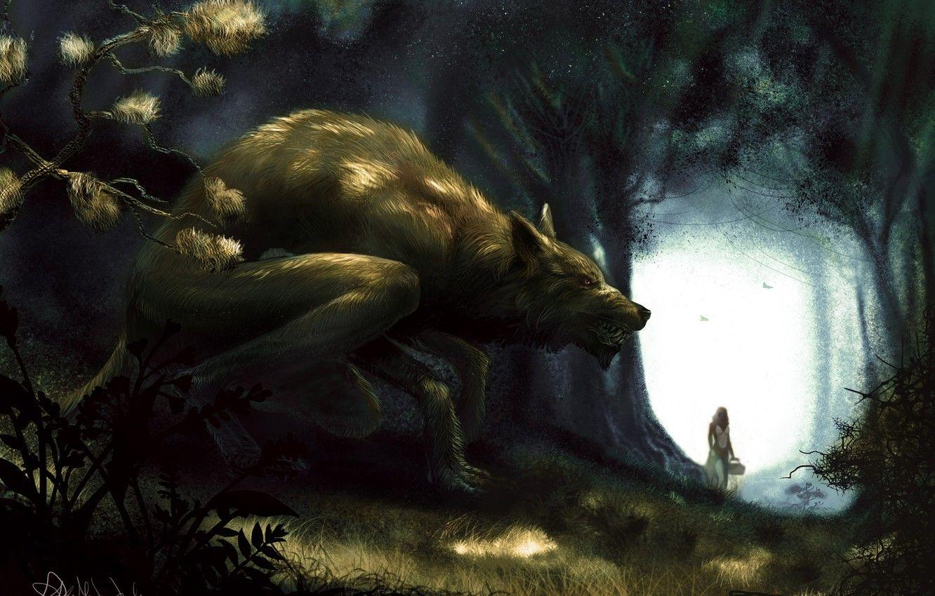 1332x850 Wallpaper forest, girl, wolf, art, basket, Little Red Riding
