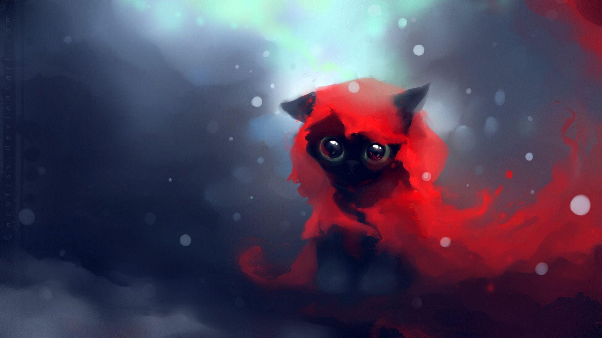 1920x1080 red, cats, , artwork, kittens, Apofiss, red riding