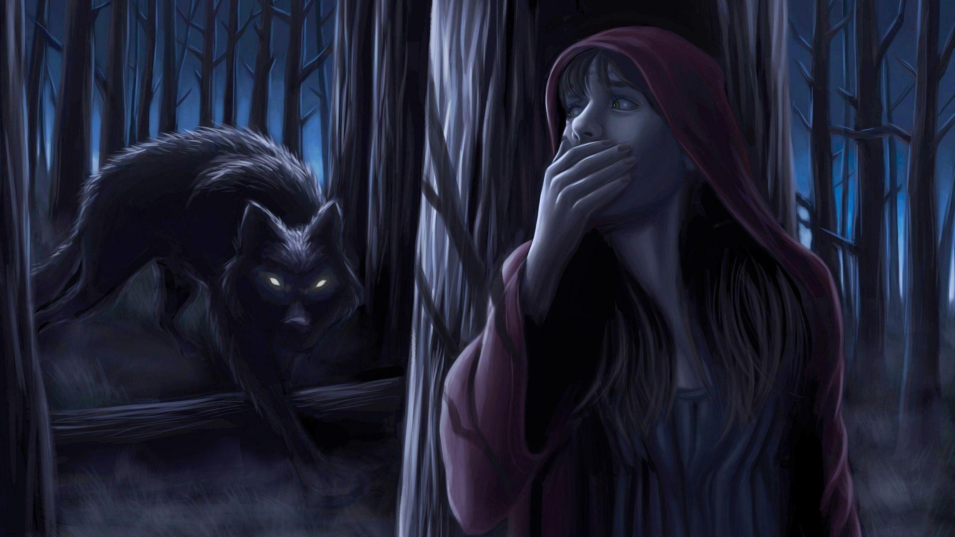 1920x1080 Wallpaper Little red riding hood, girl, wolf, night, forest