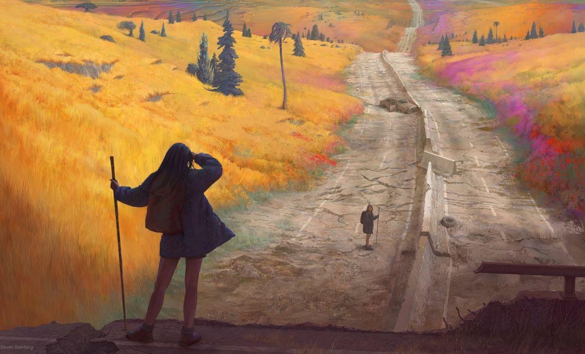 1157x700 Original art girl landscapes mood travel adventure roads