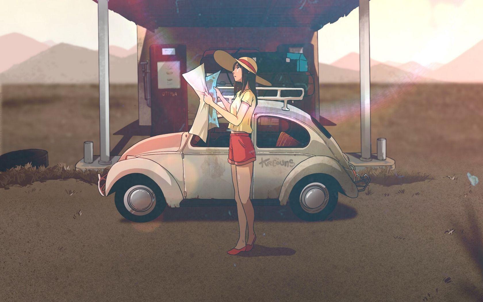 1680x1050 Download wallpaper 1680x1050 girl, map, car, travel, art