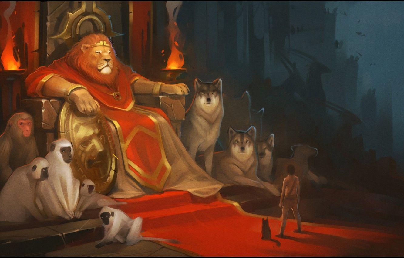 1332x850 Wallpaper cat, fantasy, people, wolf, Leo, monkey