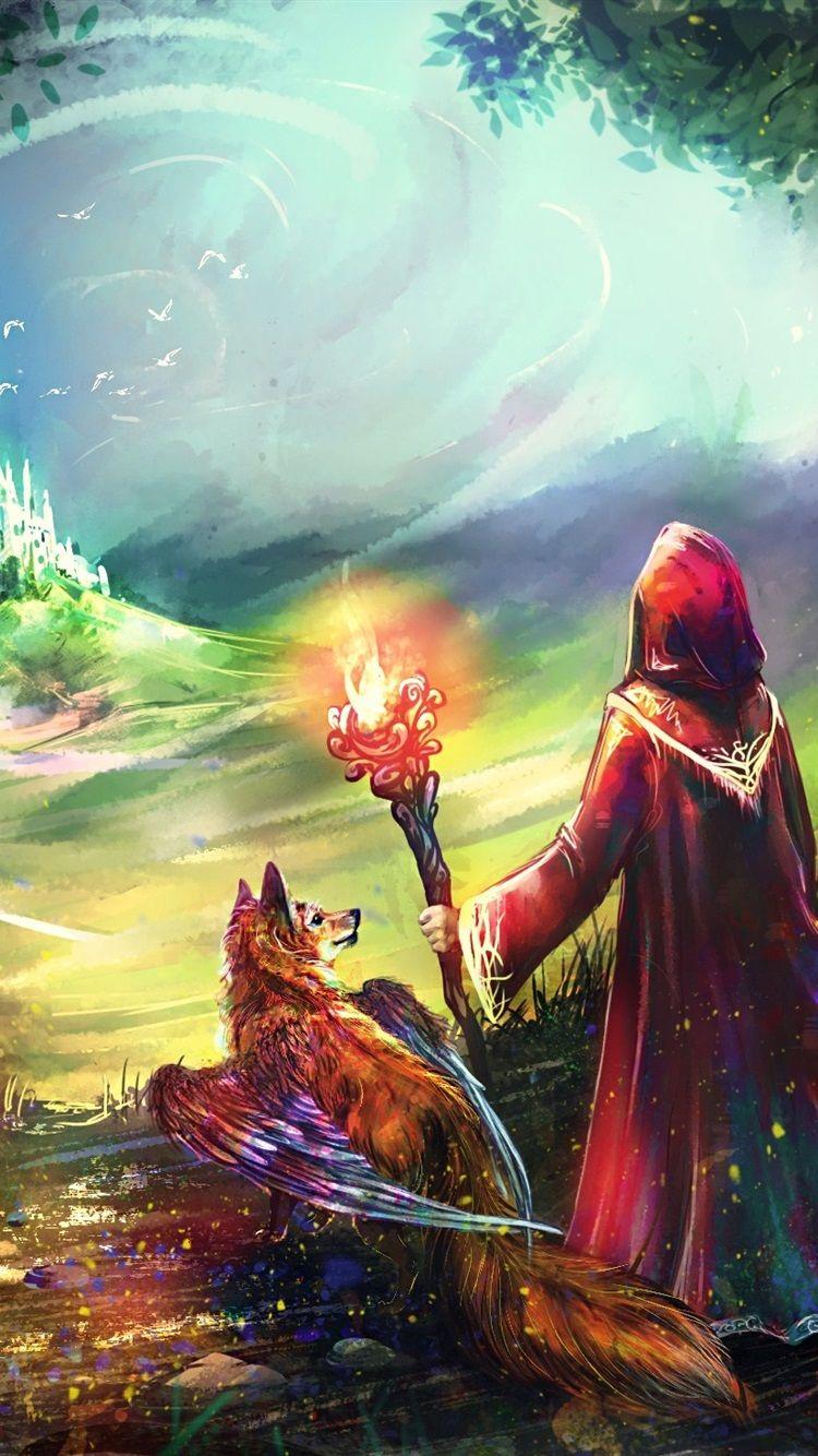 750x1334 Art painting, fantasy world, castle, fox, wings, fire