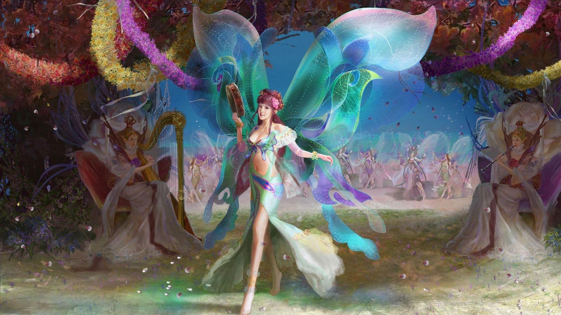 1920x1080 Wallpaper fairies, wings, musical instruments