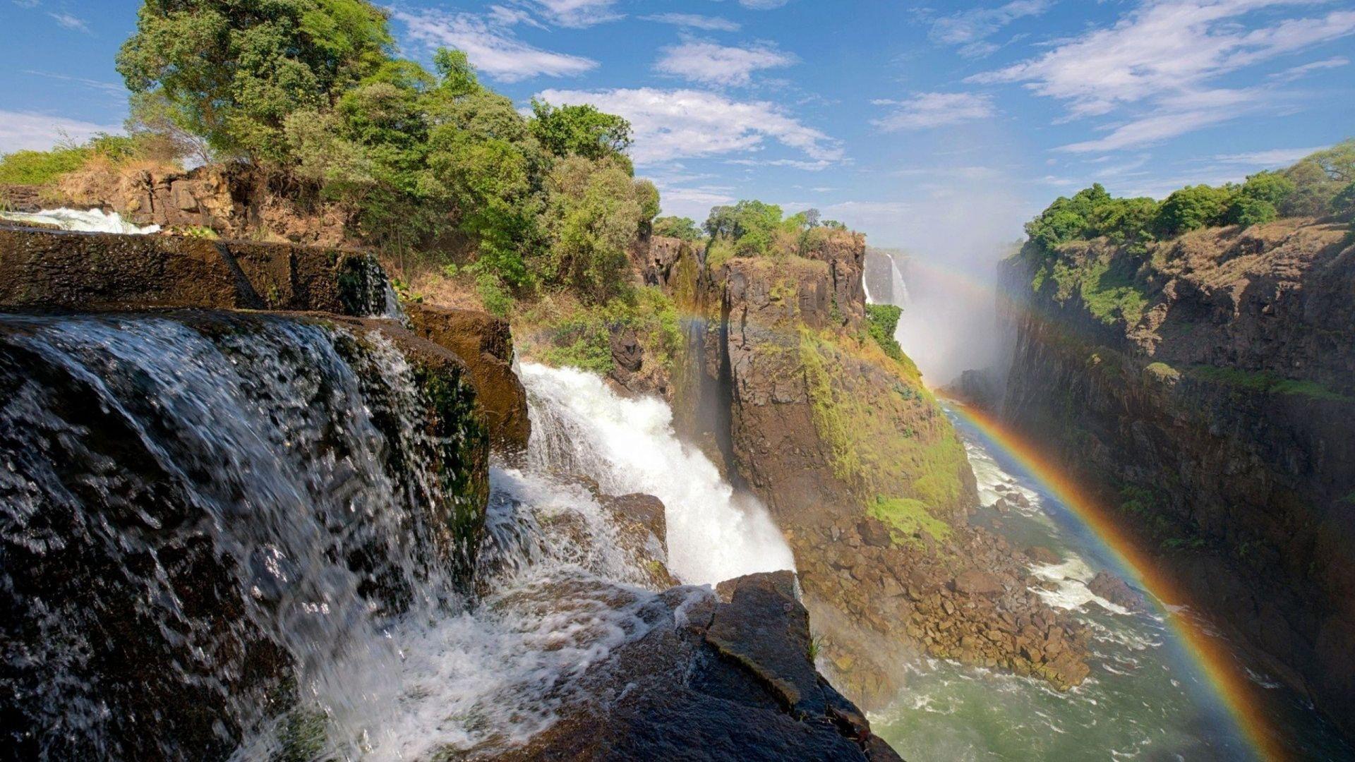 1920x1080 Download Wallpaper 1920x1080 Waterfall, Grass, Rainbow