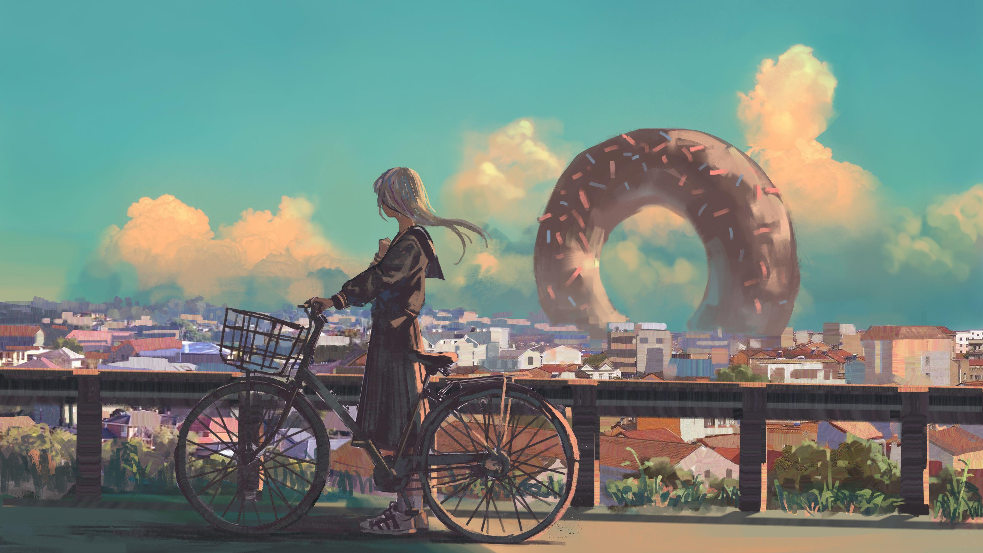 3840x2160 Hình nền 4k Anime Original Bike City Tác phẩm nghệ thuật tóc dài
