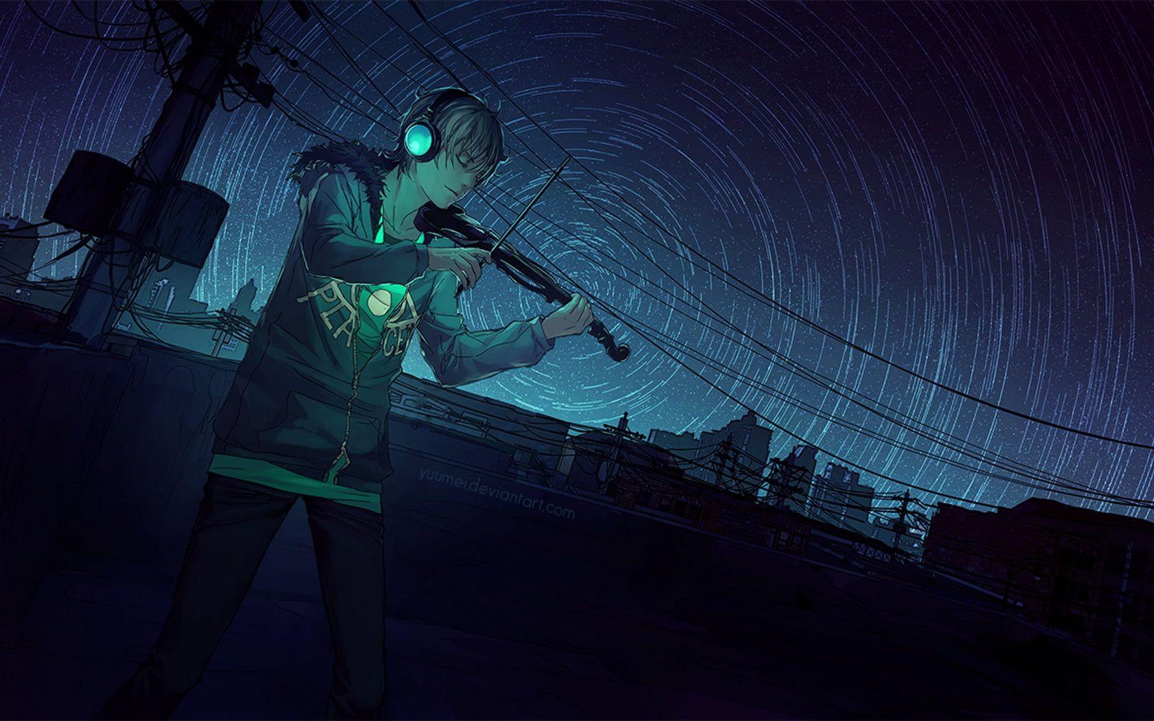 1680x1050 Digital art of man, Fisheye Placebo, violin, tai nghe