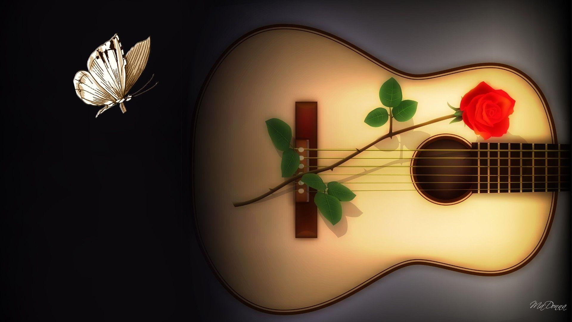 1920x1080 Guitar Tag wallpaper: Still Life Musical Notes Flowers Photography