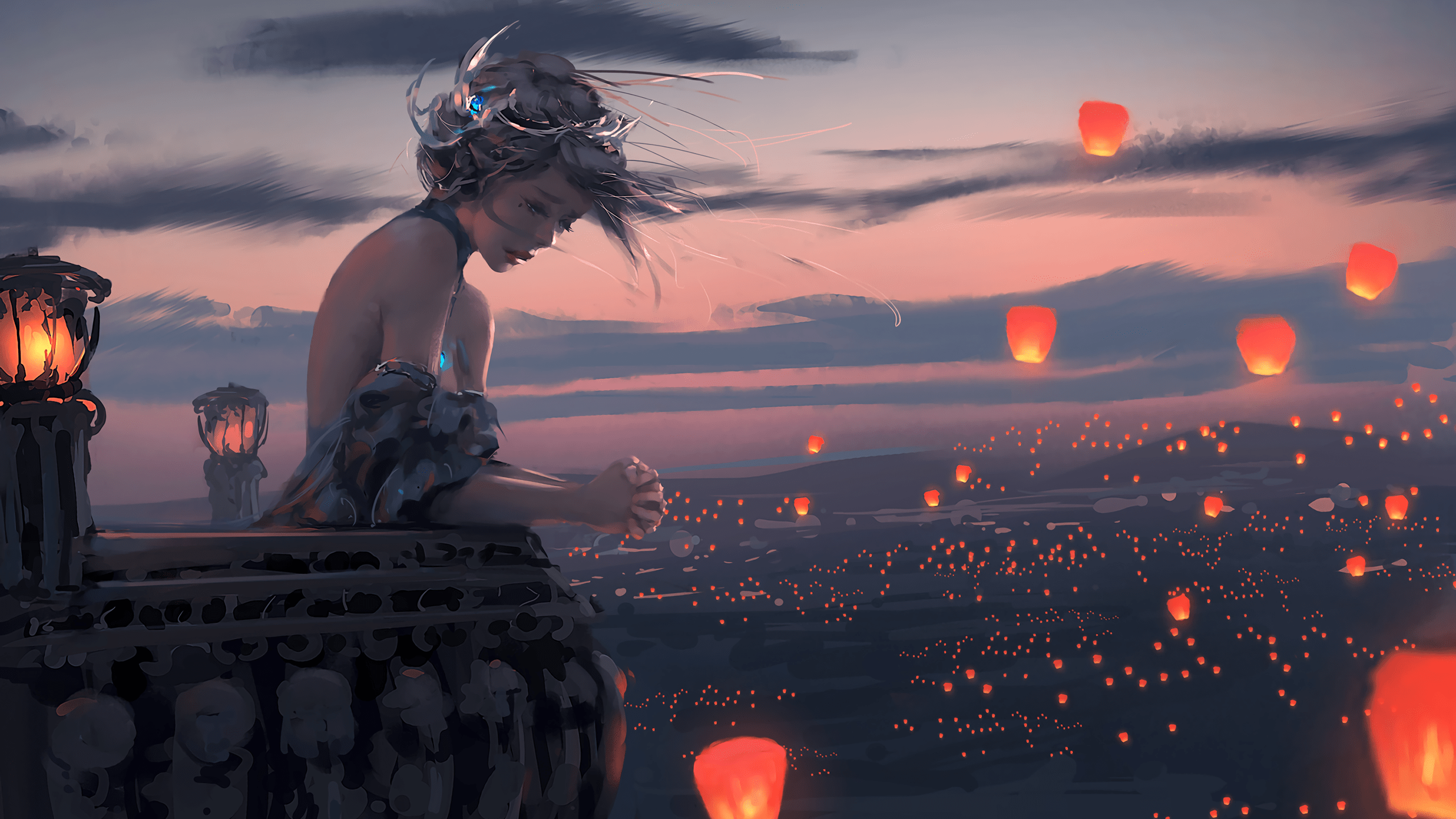 2560x1440 #princess, #balcony, #painting, #WLOP, #sky lanterns
