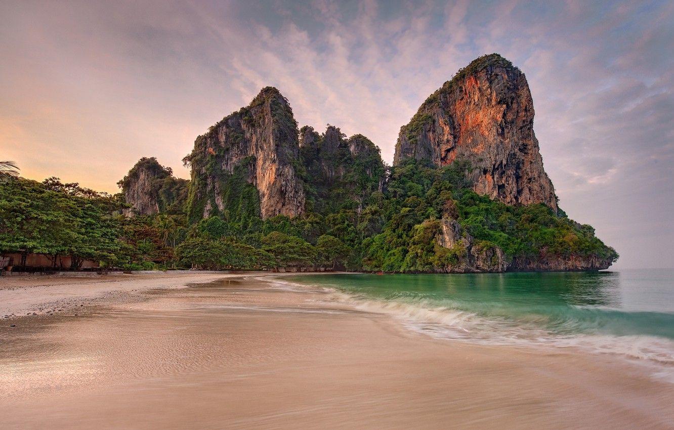 1332x850 Wallpaper Thailand, beach, trees, rocks, sand, tide, Andaman sea image for desktop, section пейзажи