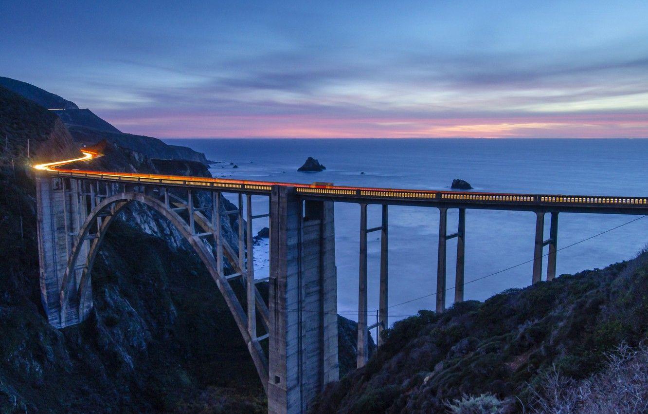 1332x850 Wallpaper the sky, clouds, sunset, mountains, bridge, pink
