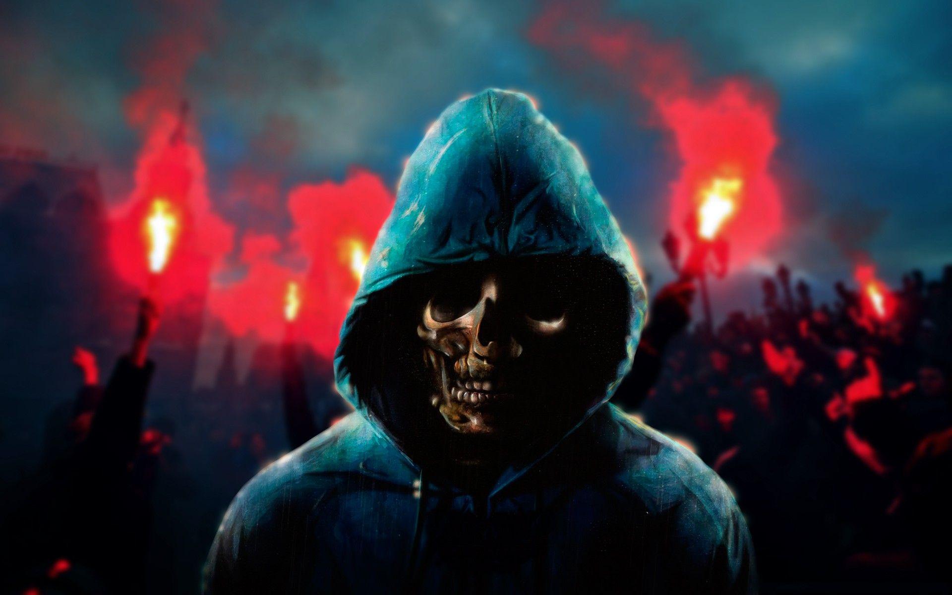 1920x1200 skulls, artwork, hooded wallpaper