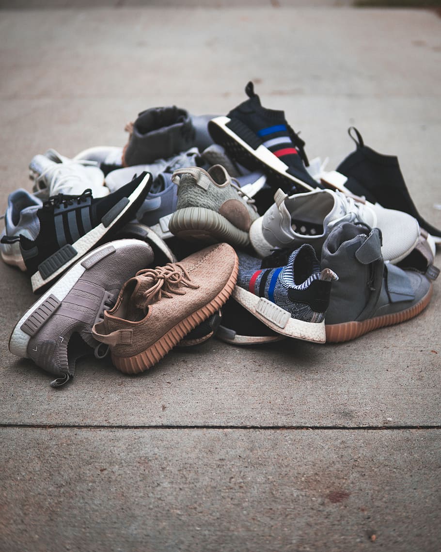 910x1138 HD wallpaper: adidas sneakers on wooden surface, assorted