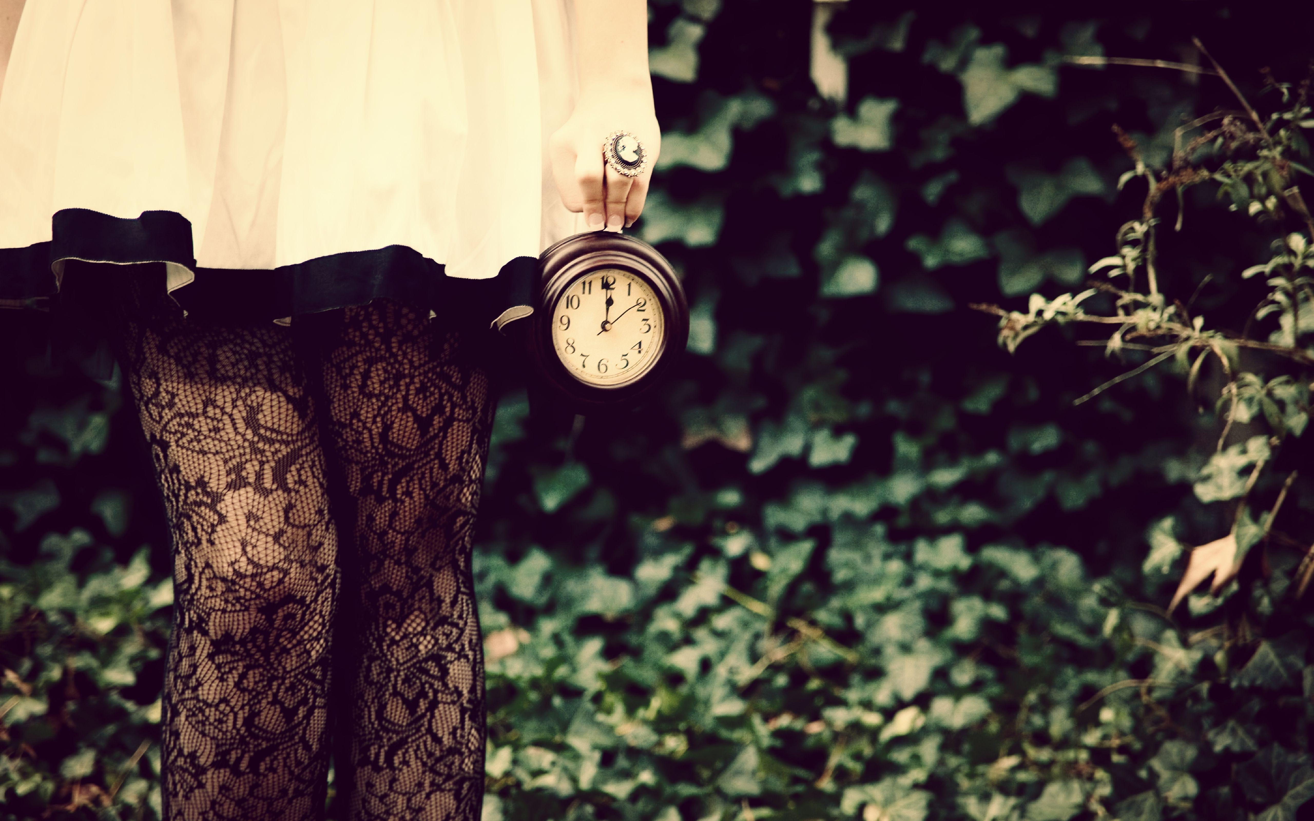 5120x3200 Girl holding Vintage Clock in her Hand, Stockings, Dress, Alive