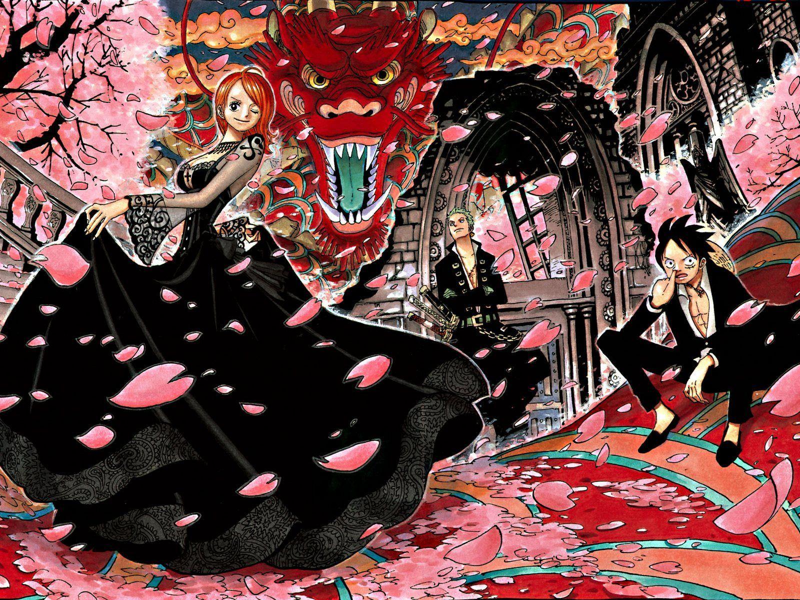 1600x1200 One Piece. Nami. Zoro. Luffy. Straw Hat Pirate Cherry Blossom