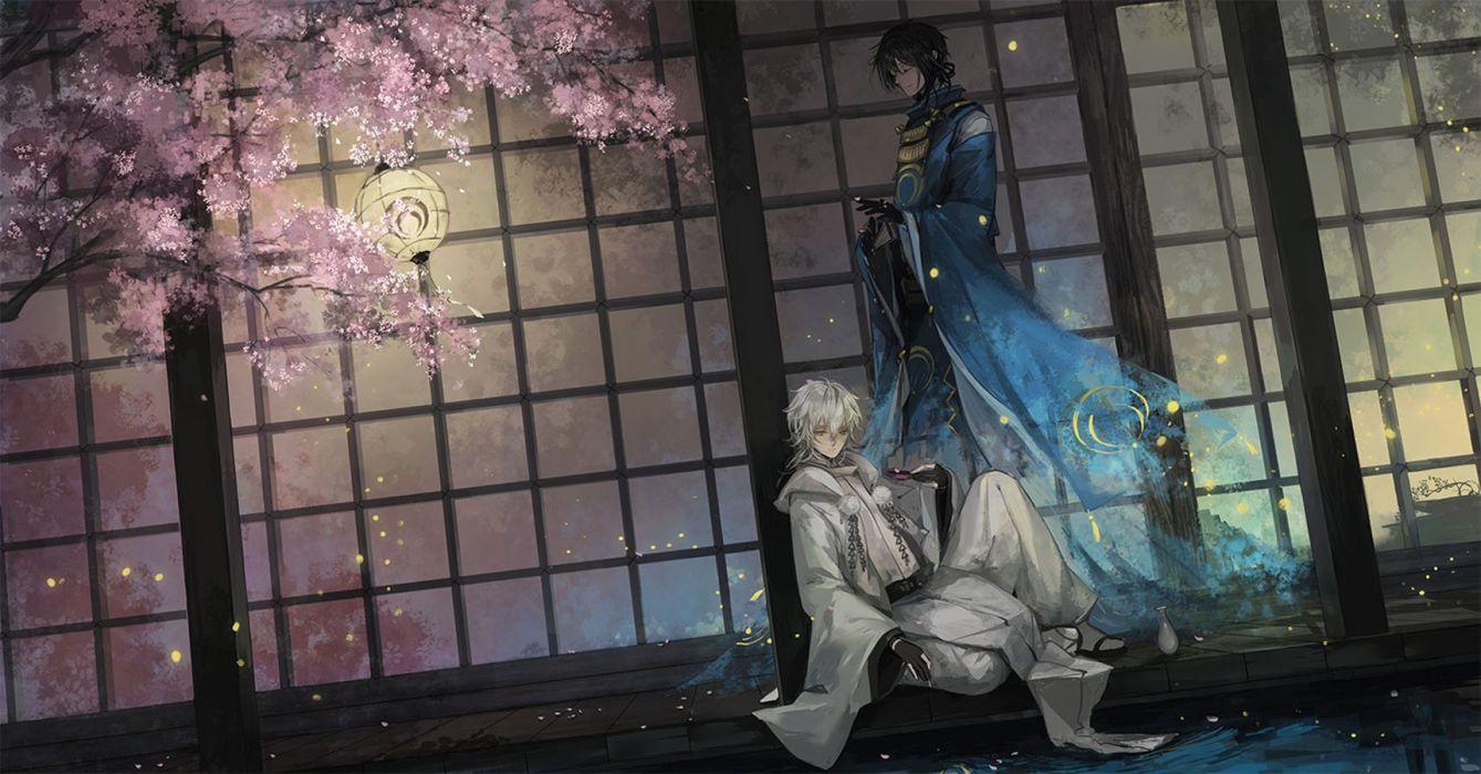 1339x700 Anime male anthropomorphism black hair cherry blossoms drink gloves