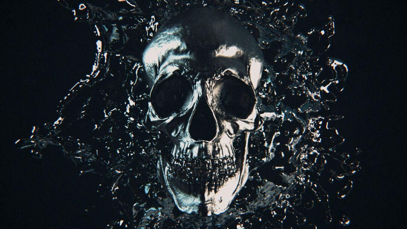 1366x768 Download wallpaper 1366x768 skull, metal, splash, frozen, dark tablet, laptop HD background