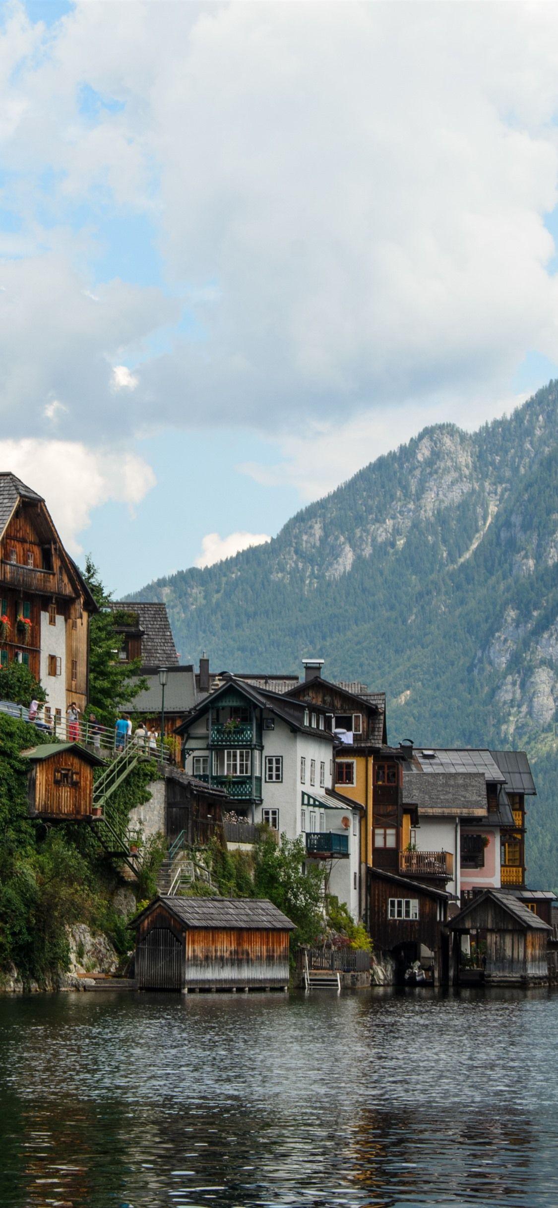 1125x2436 Austria, Hallstatt, lake, alps, houses, travel place